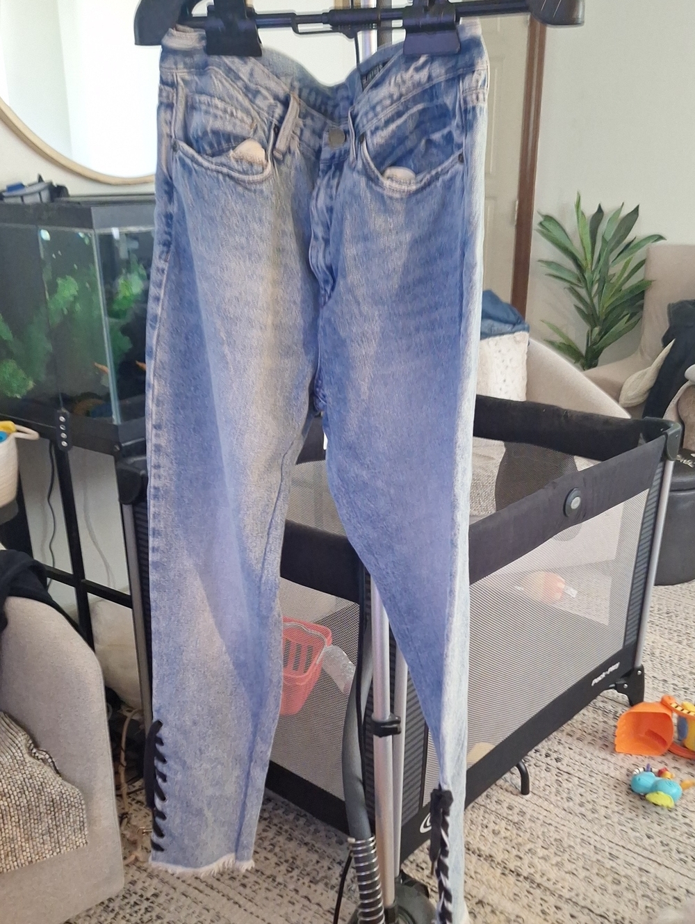 Blank NYC Light Blue Slim Straight Jeans with Black Side Lace